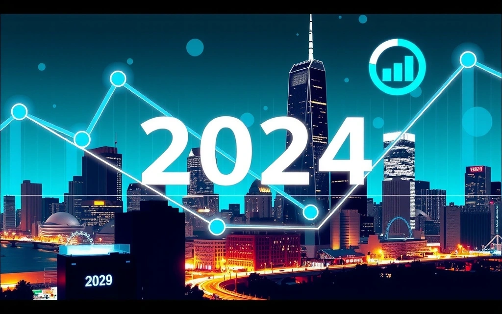 A futuristic city skyline with digital overlays representing data and trends, symbolizing advanced SEO strategies for 2024.
