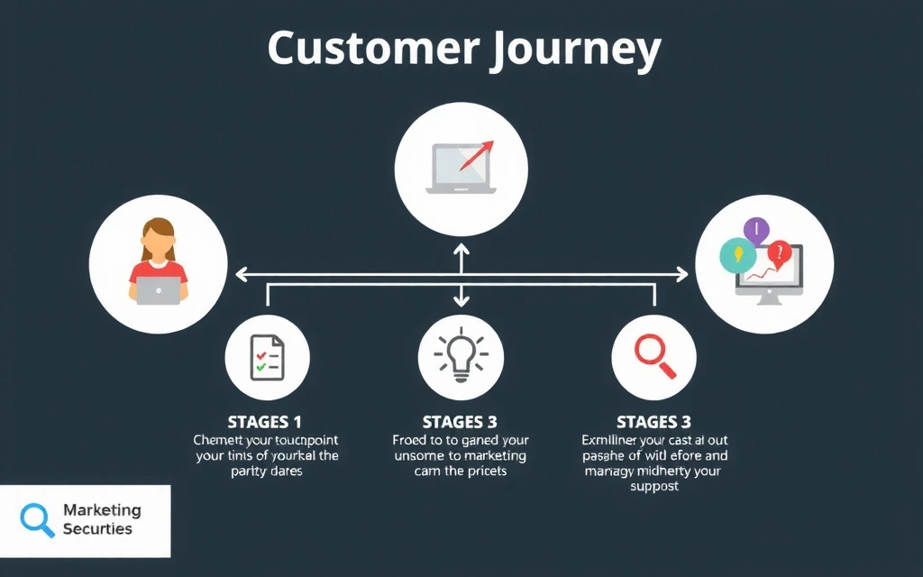 A detailed infographic showing the customer journey stages, with arrows and icons representing different touchpoints and marketing efforts.