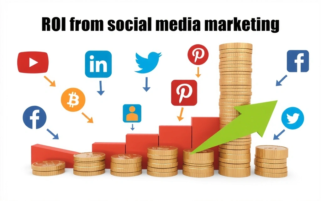 A chart with rising lines and coins, representing ROI from social media marketing, surrounded by social media icons.