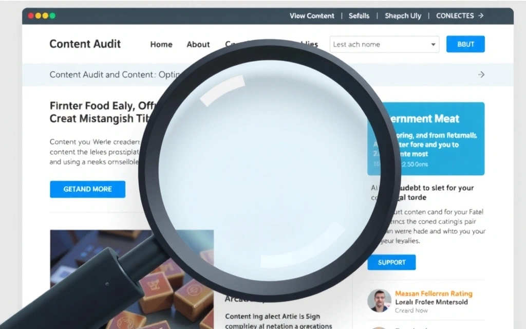 A magnifying glass hovering over a website layout with various content blocks, representing content audit and optimization.