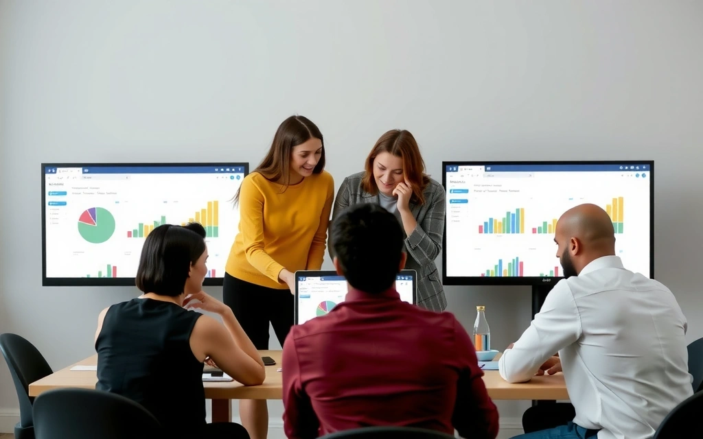 People collaborating around a table with digital marketing tools displayed on screens, symbolizing effective team collaboration in SEM campaigns.
