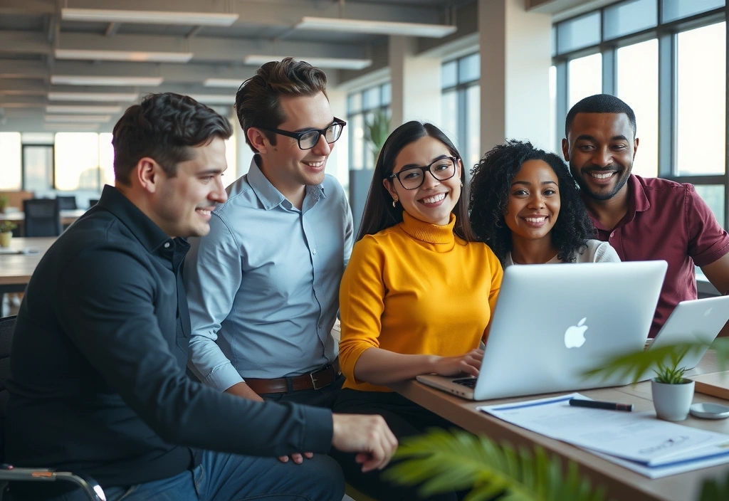 Diverse team collaborating in a modern office space, smiling and working together