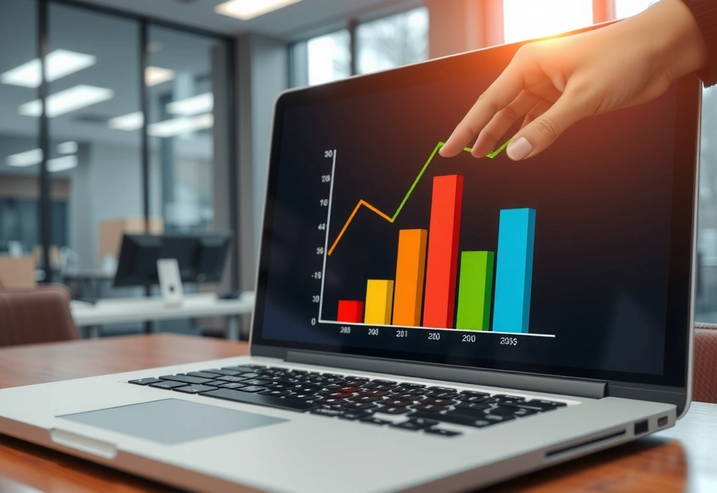 Laptop showing a graph with upward trend, symbolizing professional growth and development