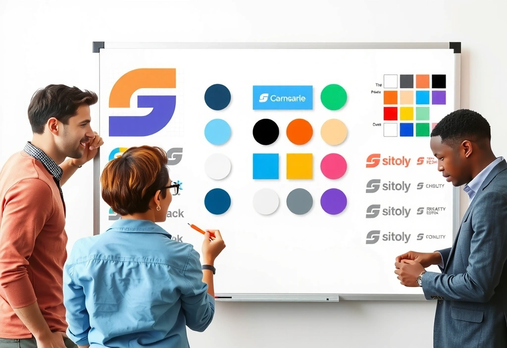 Creative team brainstorming around a whiteboard with brand logos