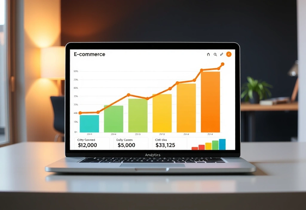 Laptop showing e-commerce analytics with rising graphs
