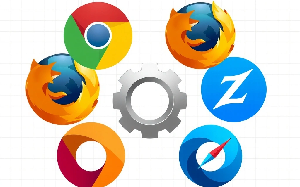 Diverse web browser icons with settings cogwheel