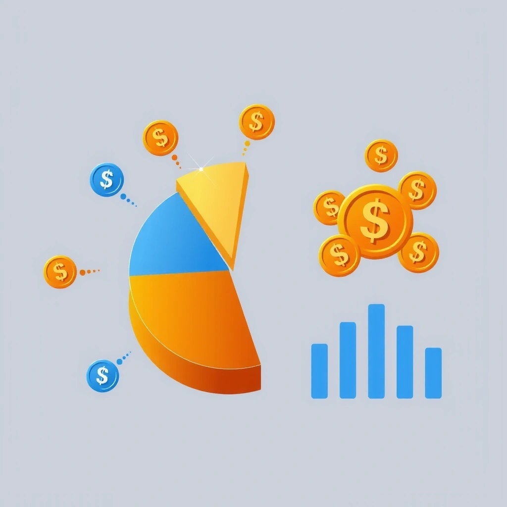 Illustration of a pie chart and dollar signs for Services & Pricing