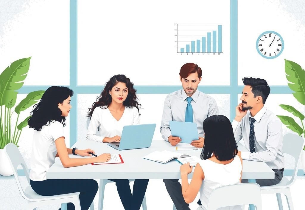 Illustration of a team collaborating on a business project, symbolizing consultation and tailored solutions.