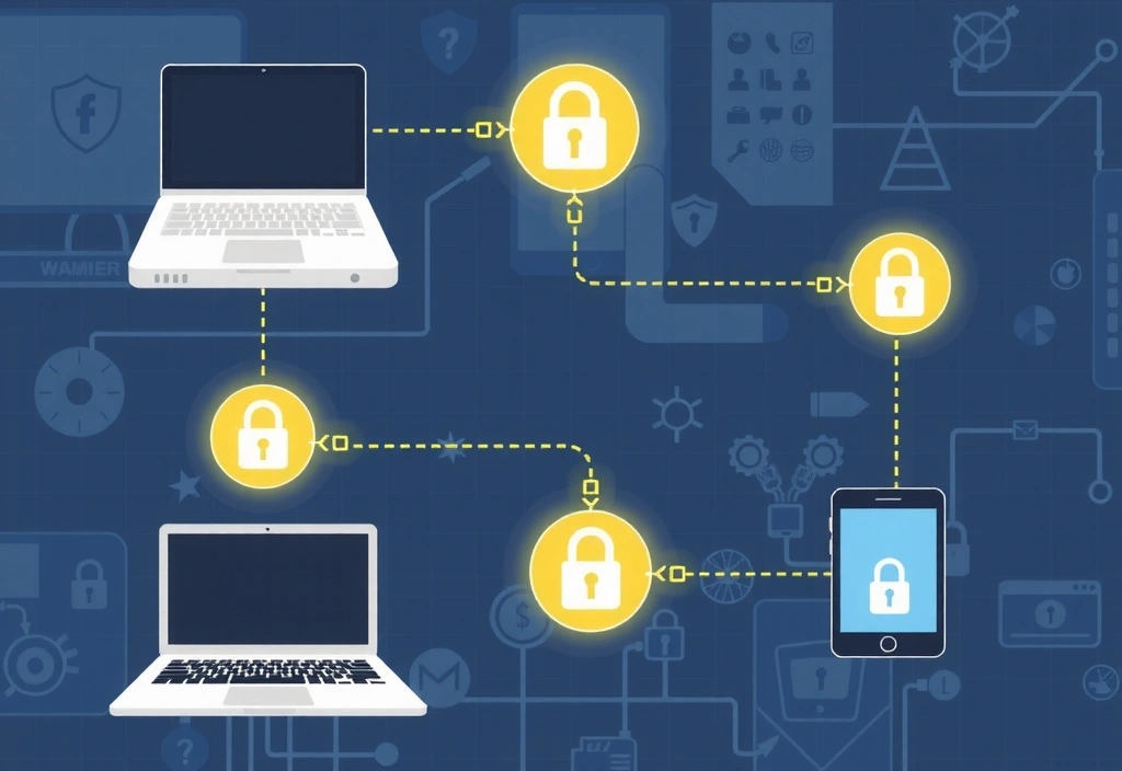 Illustration of secure data sharing between connected devices with encryption symbols