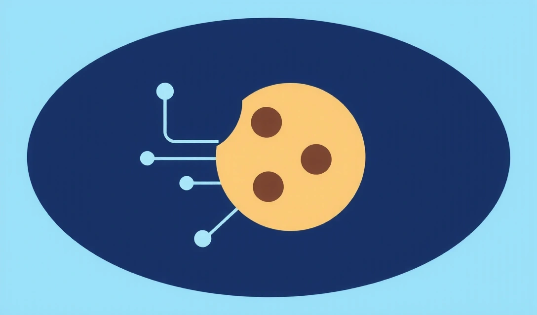 Illustration of a cookie icon with digital data flowing around it, representing web tracking